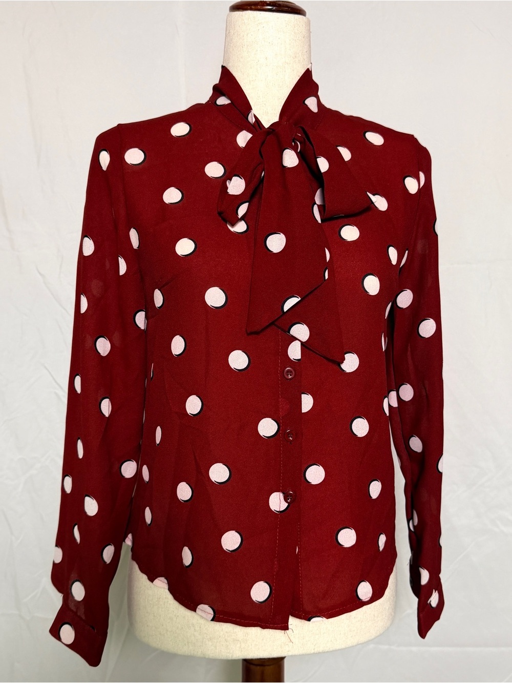 Retro secretary Womens Burgundy Polka Dot Tie-Neck Blouse,vintage inspired